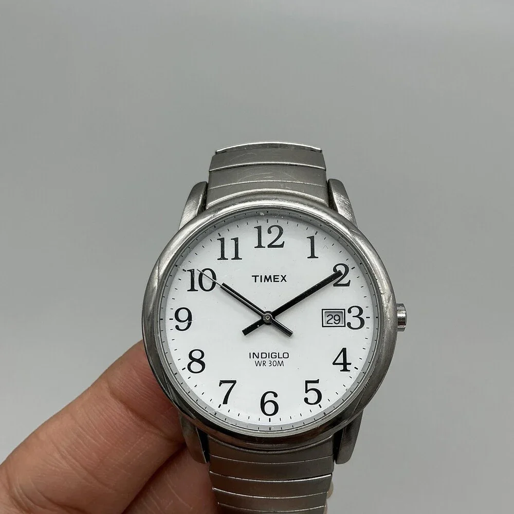 Timex Indiglo Mens Watch 35mm White Dial Silver Tone Stretch Date New Battery